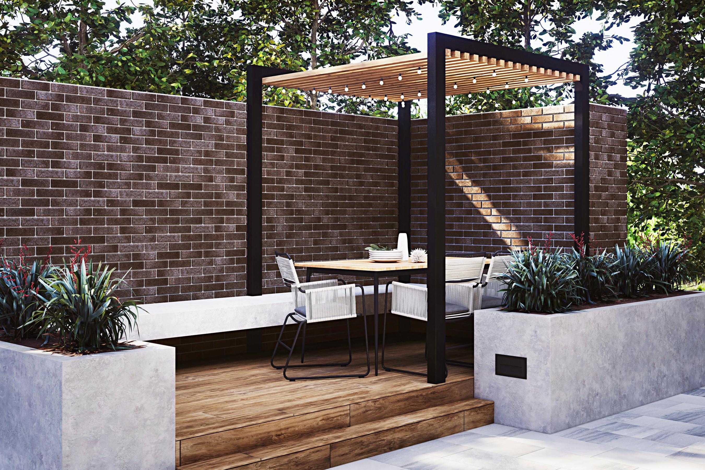 Outdoor space with stone tiles and wooden flooring