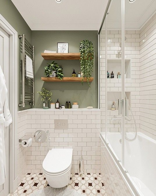 Urban Botanical Bathroom with Olive Green and Floral Motif Accents | Material Depot