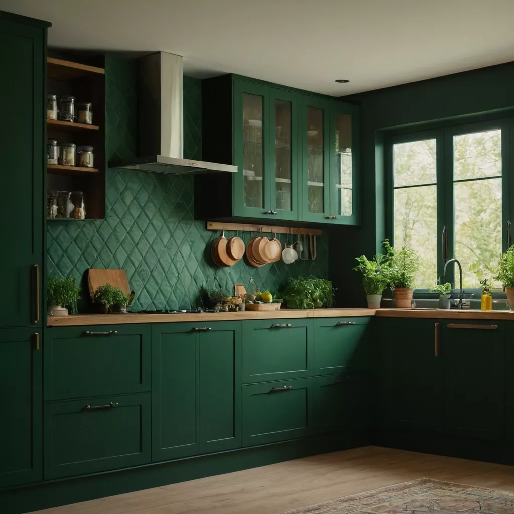 Verdant Elegance: Forest Green Kitchen with Harmonious Tile Backsplash and Ample Natural Light | Material Depot