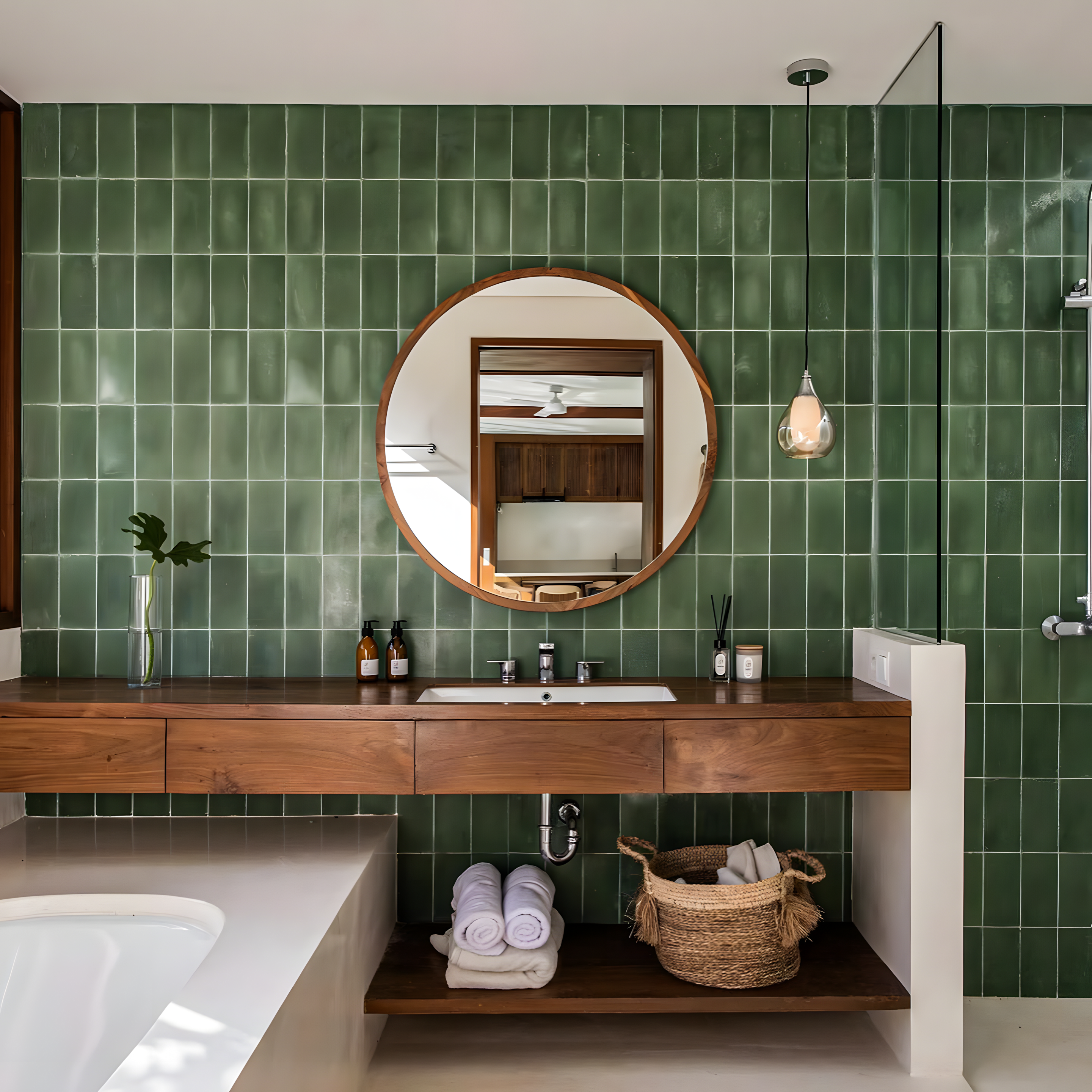 Verdant Retreat: A Modern Bathroom with Green Tiles | Material Depot