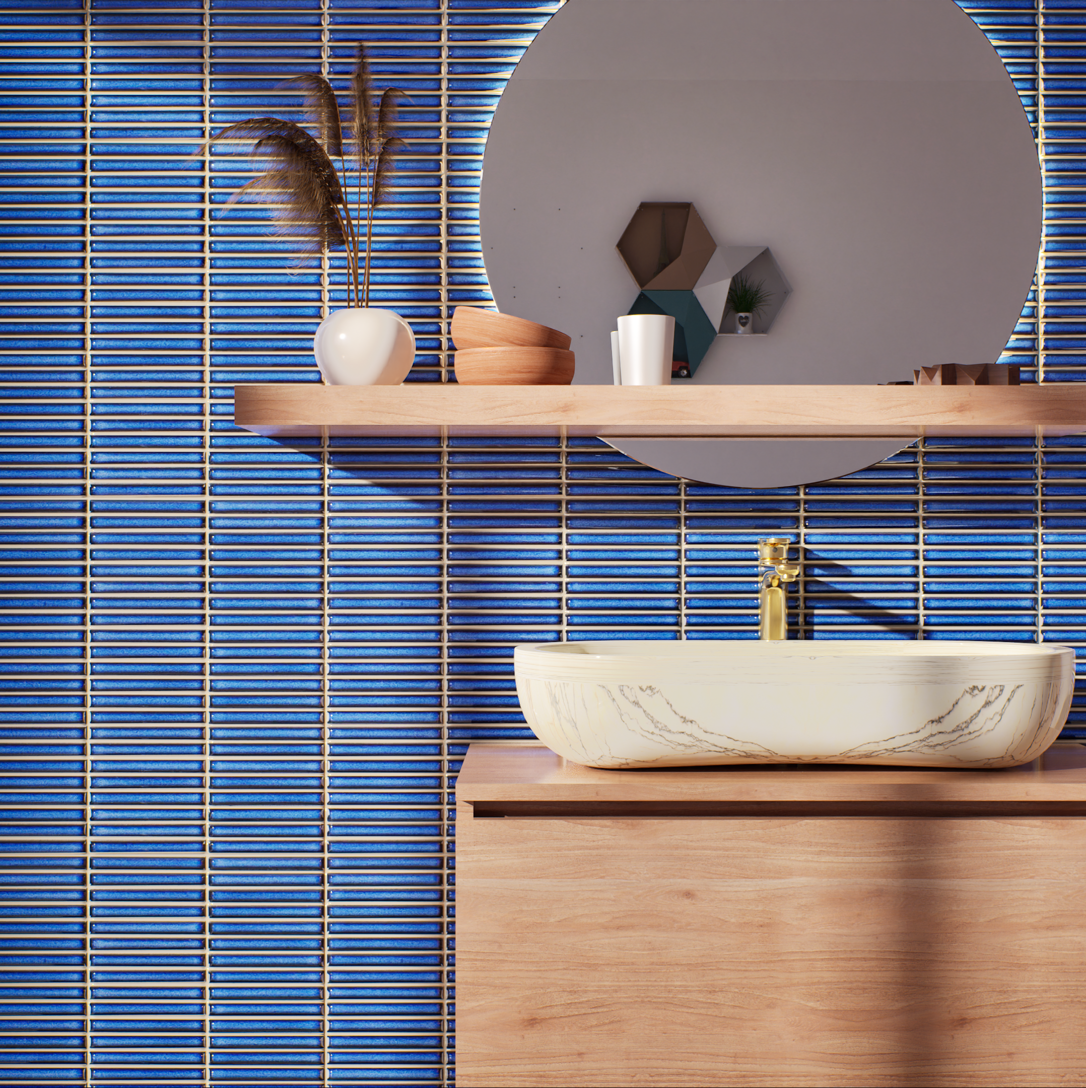 Vibrant Blue Horizontal Tiles for Modern Bathroom Walls | Material Depot