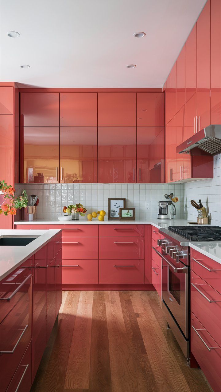 Vibrant Coral Glow: A Modern Kitchen Delight | Material Depot