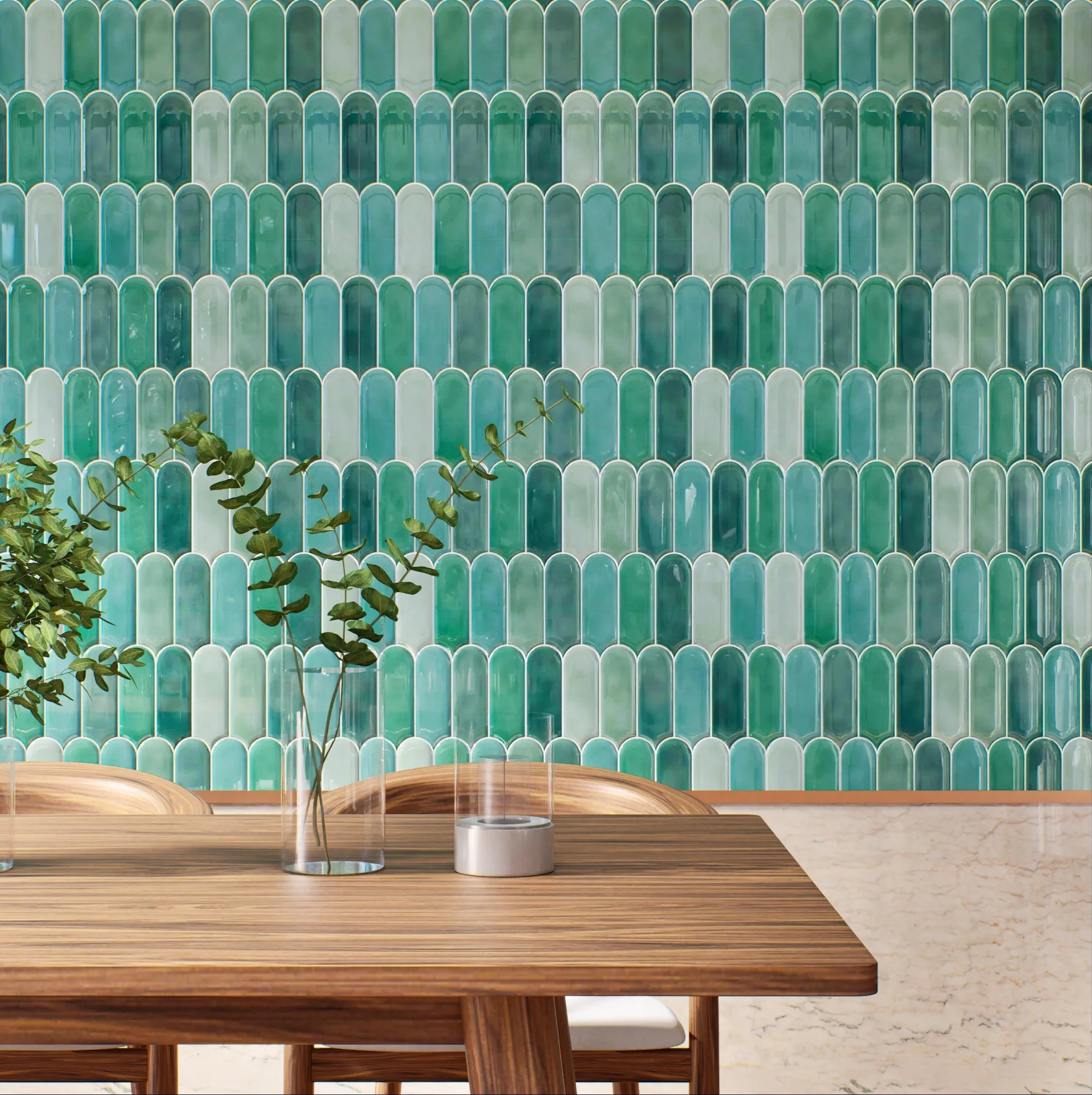 Vibrant Dining Area with Green Textured Tile Backsplash | Material Depot