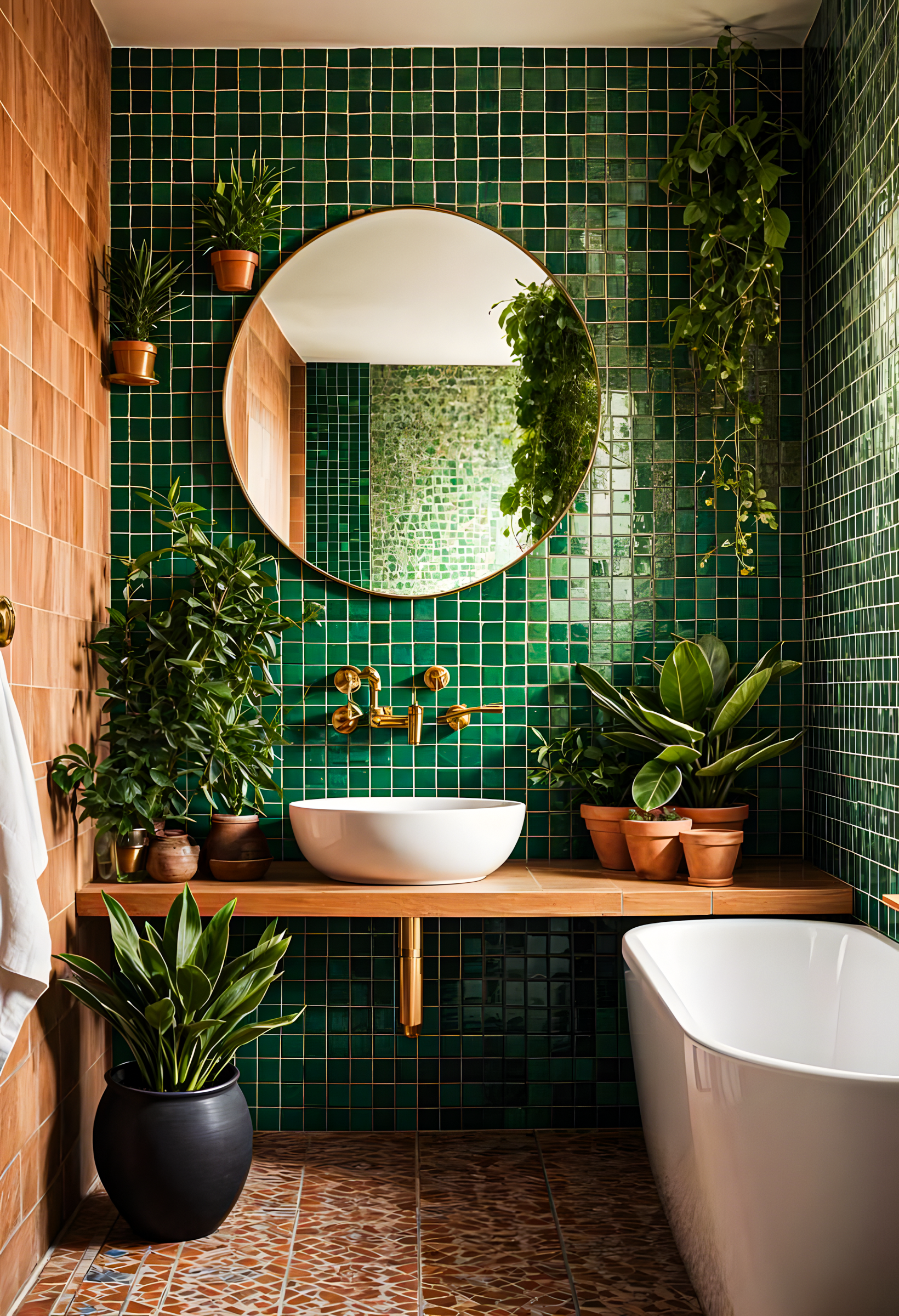 Vibrant Green Mosaic Tiles with Earthy Terracotta Floor in a Nature-Inspired Bathroom | Material Depot