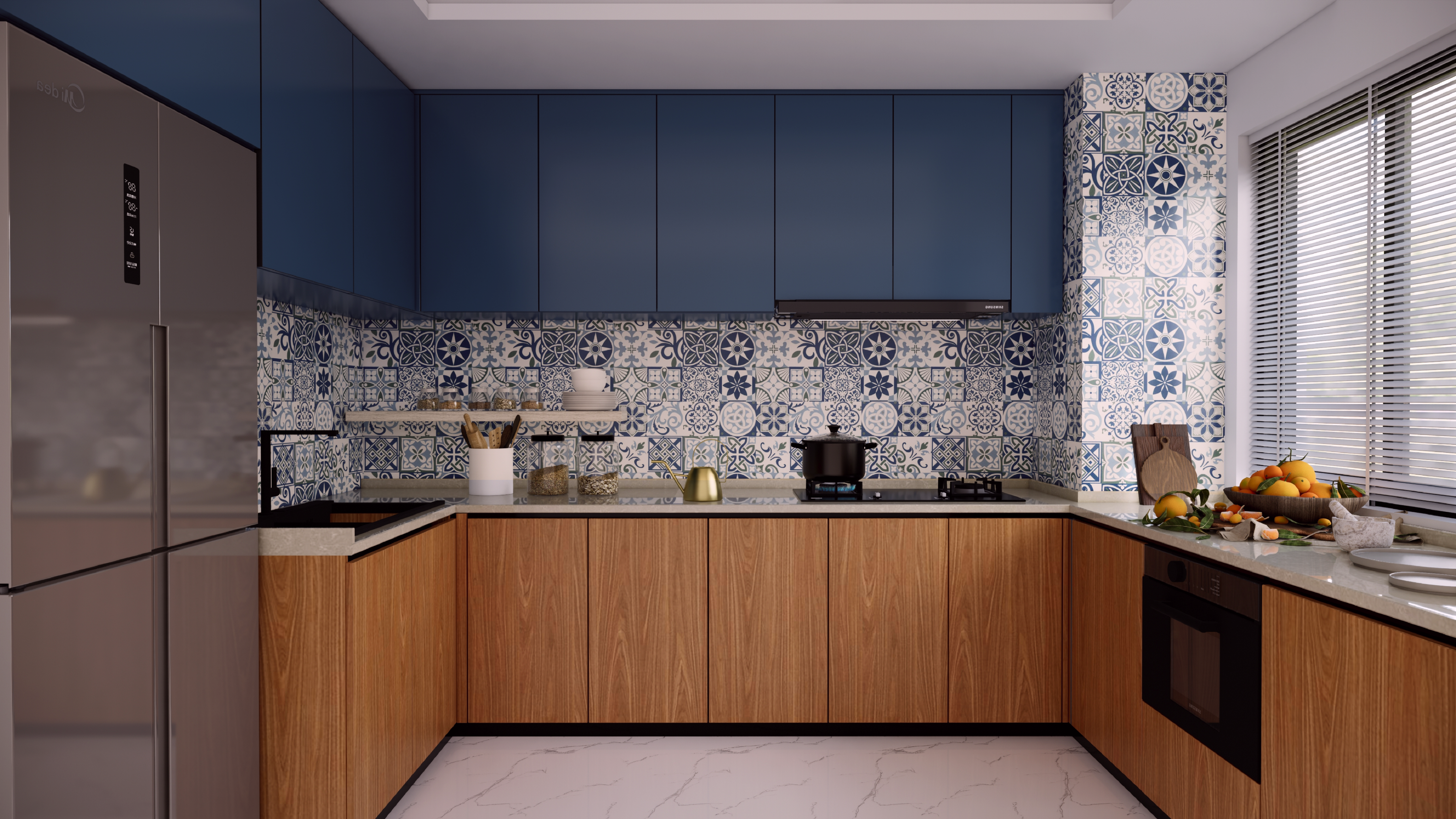 Vibrant Kitchen with Blue Cabinets and Moroccan Tile Backsplash | Material Depot