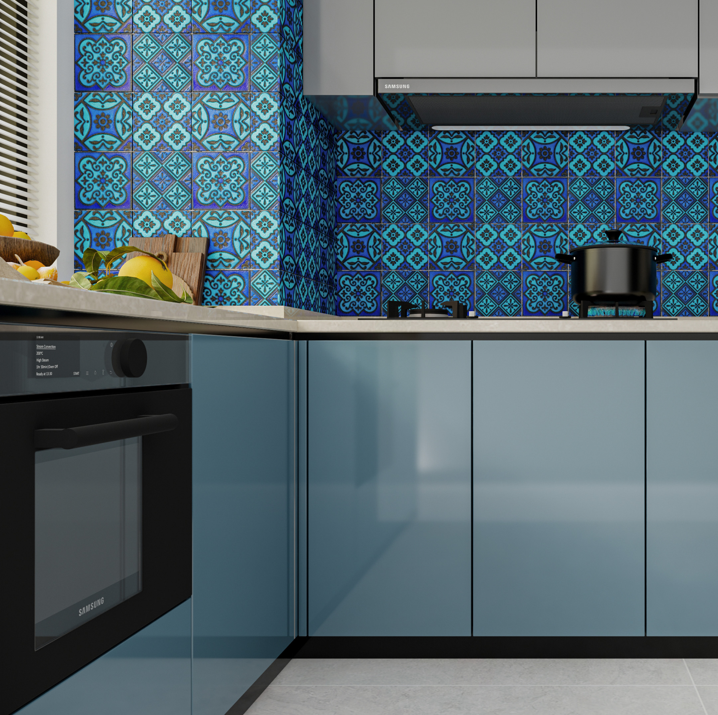 Vibrant Kitchen with Blue Cabinets and Moroccan-Style Backsplash | Material Depot