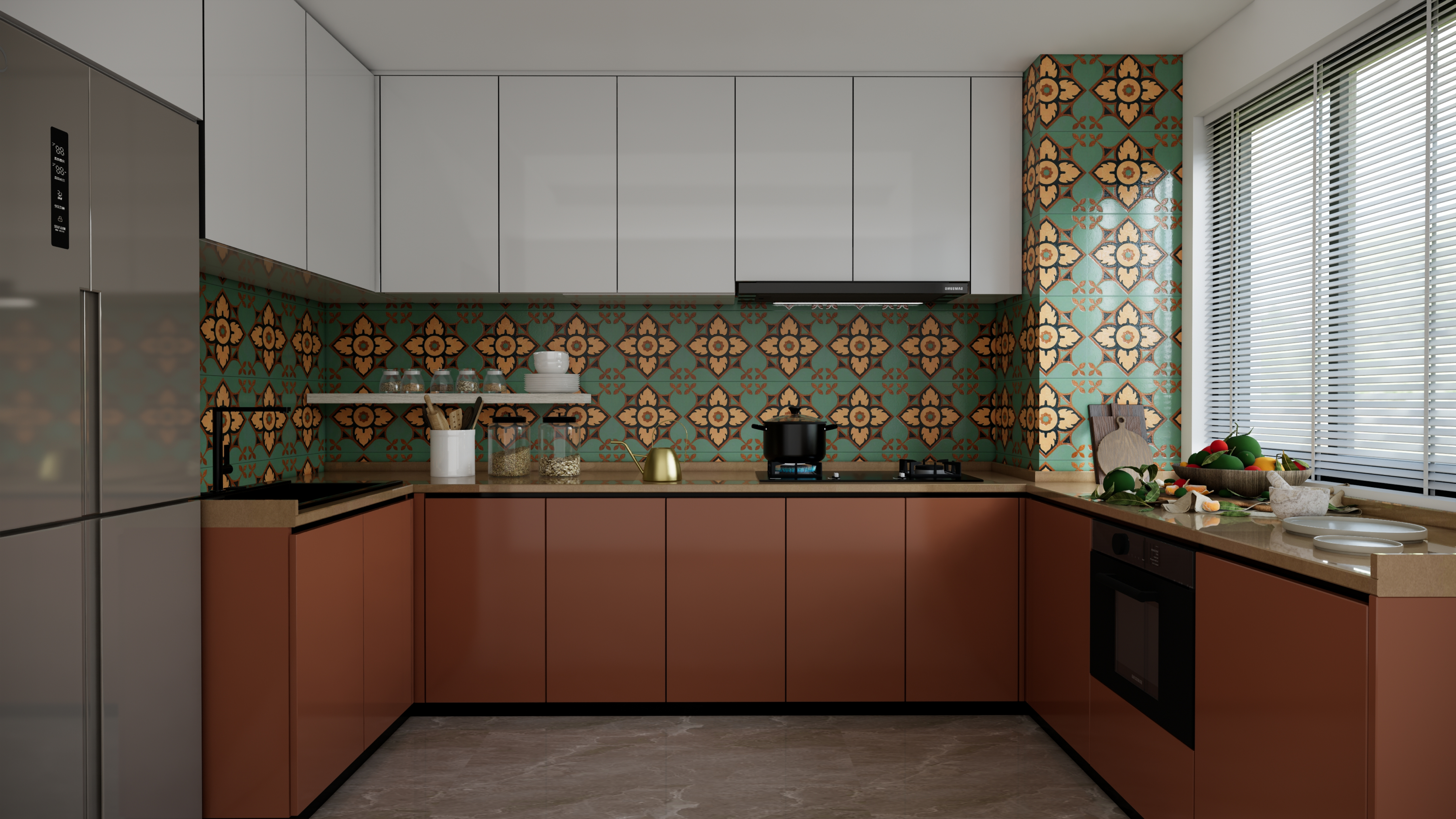 Vibrant Kitchen with Terracotta Cabinets and Moroccan Pattern Tiles | Material Depot