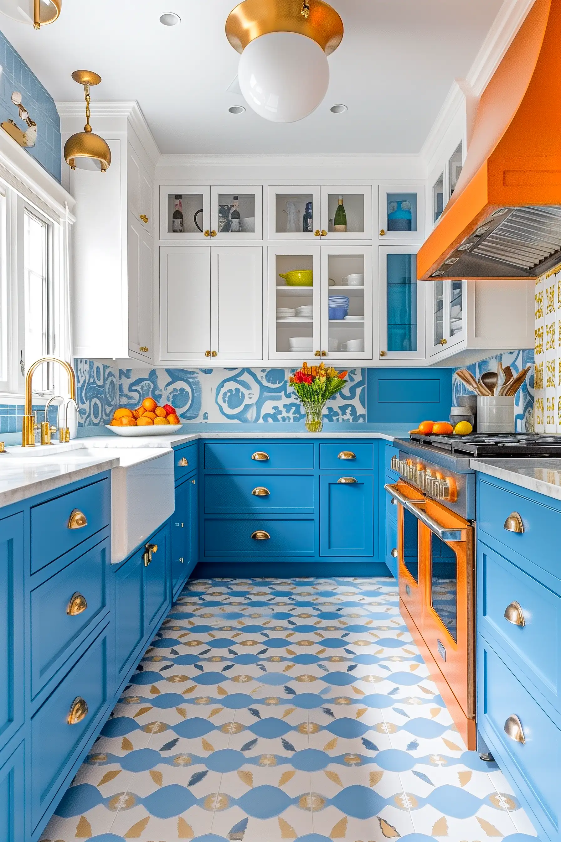 Vibrant Mediterranean Kitchen with Blue and Orange Accents | Material Depot