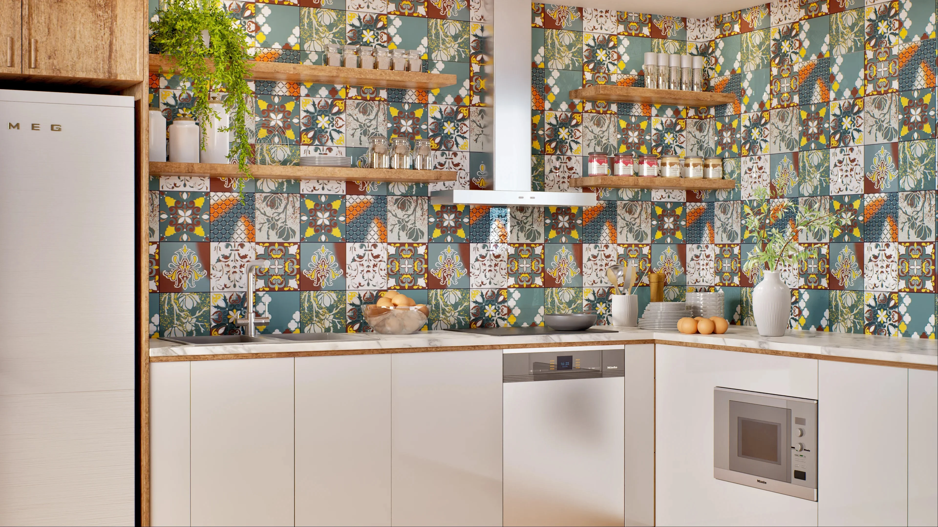 Vibrant Mediterranean-Inspired Kitchen with Patterned Tiles | Material Depot