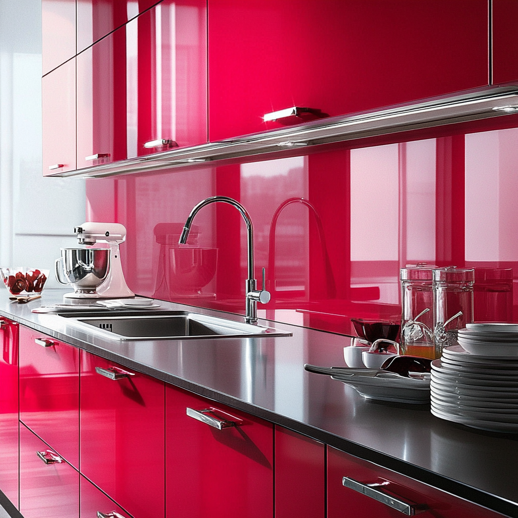 Vibrant Red High-Gloss Kitchen with Ultra-Modern Design and Reflective Surfaces | Material Depot