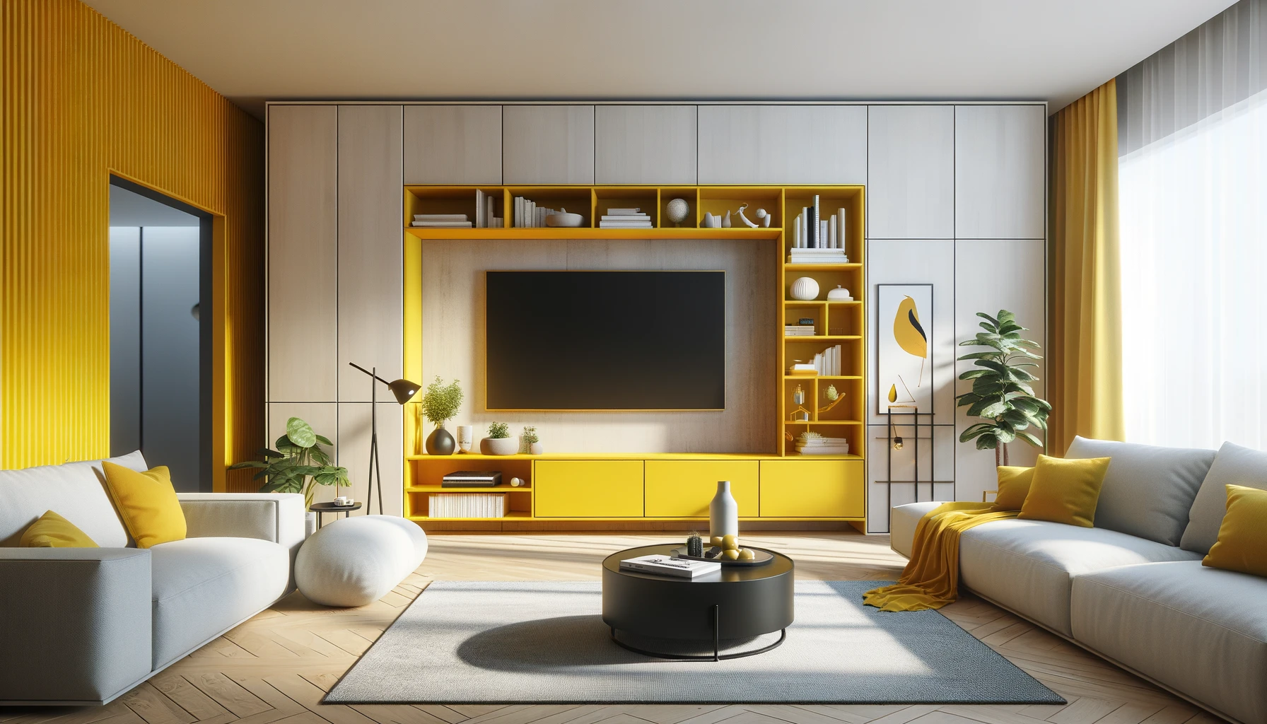 Vibrant Sunshine Yellow Accents Brighten a Contemporary Styled Living Room | Material Depot