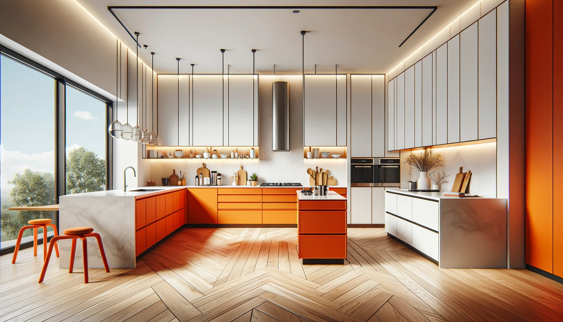 Vibrant Tangerine Accents Illuminate a Crisp, Modern Kitchen Space | Material Depot