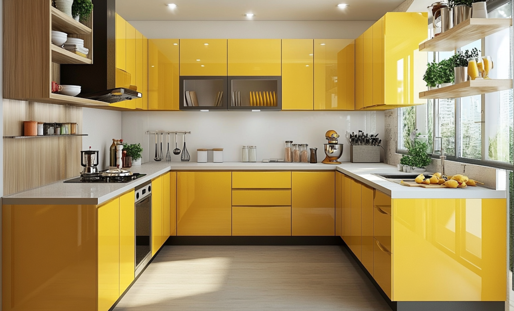 Vibrant Yellow Glossy Solid Laminate Kitchen with Open Shelving Design | Material Depot