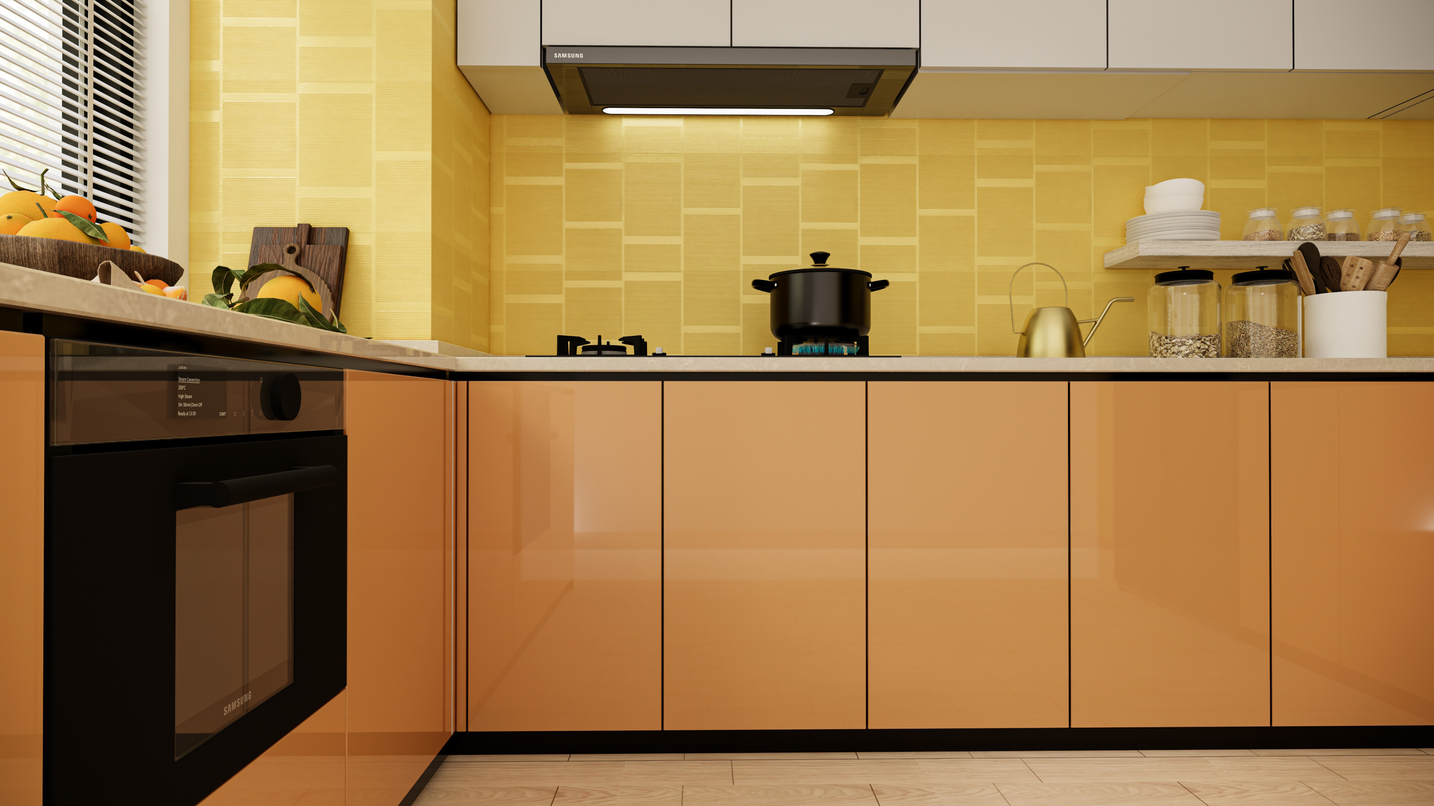 Vibrant Yellow Kitchen with Glossy Orange Cabinets | Material Depot