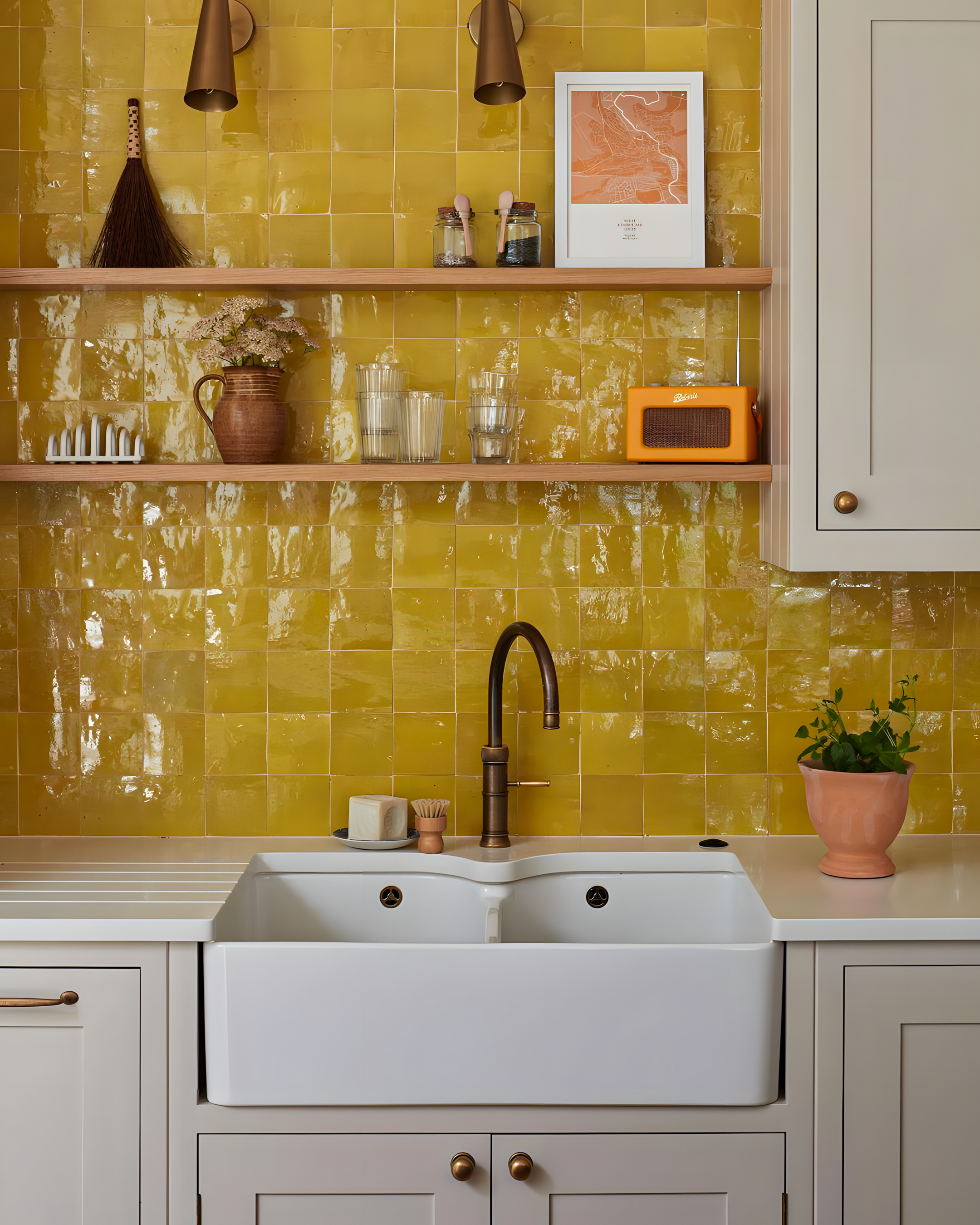 Vibrant Yellow-Tiled Kitchen With Brass Accents And Farmhouse Sink | Material Depot