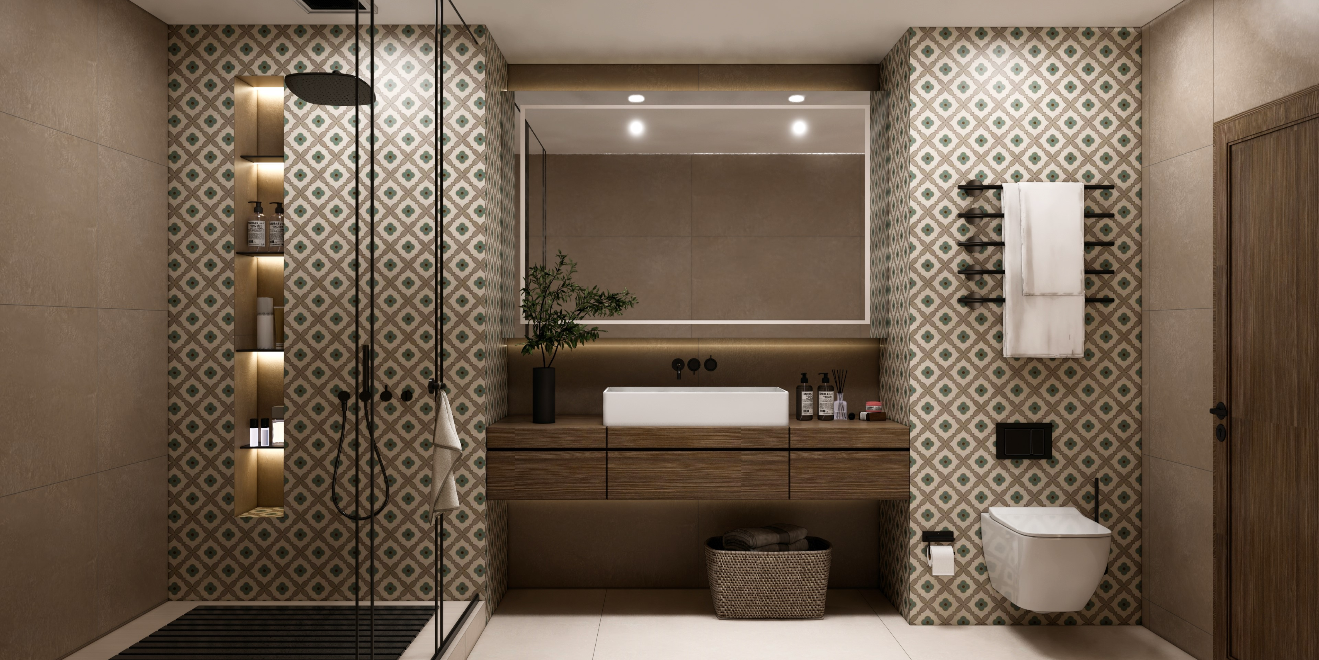 Vintage Bathroom with Geometric Pattern Tiles and Wooden Vanity | Material Depot