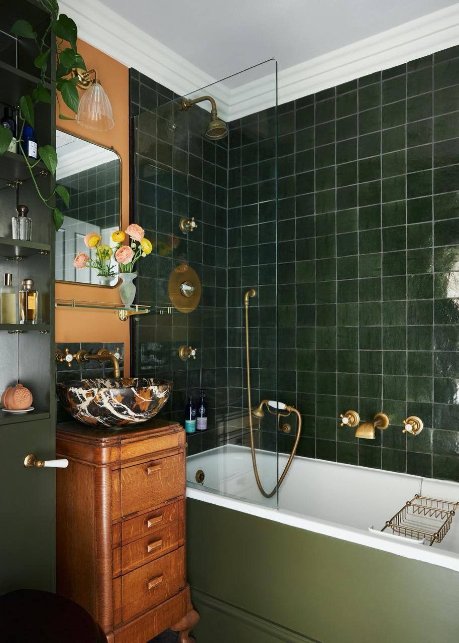 Vintage Charm Meets Modern Luxury in a Forest Green and Gold Bathroom | Material Depot