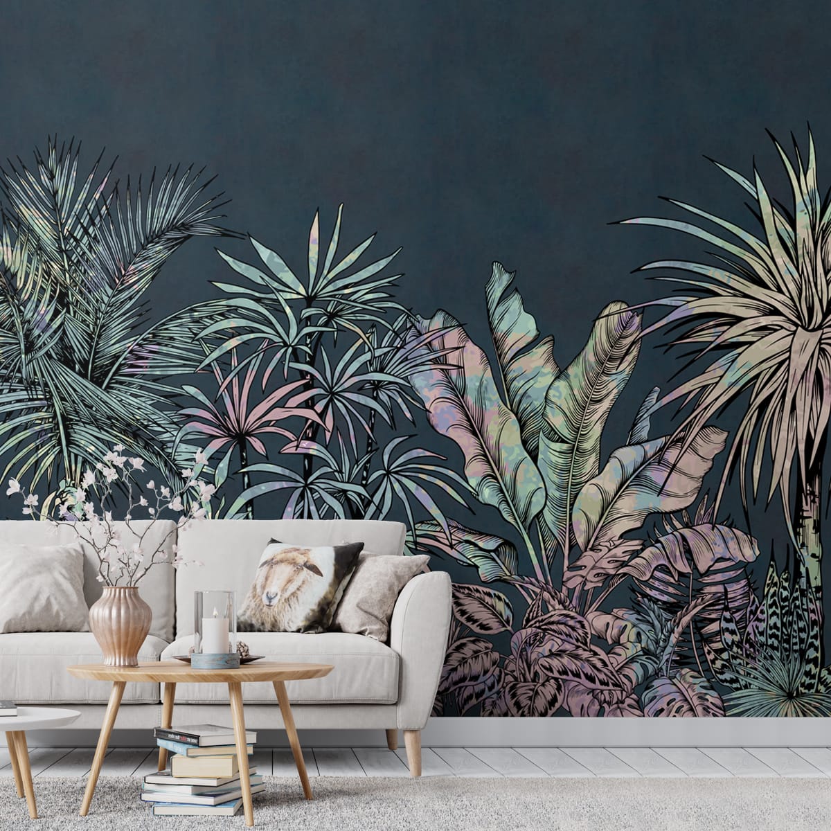 A close-up of a Vintage Tropical Illustration Wallpaper, Customsied Indrani Series Soft Feel Tropical Design (Customised Size Wallpaper )available at Material Depot in Bangalore