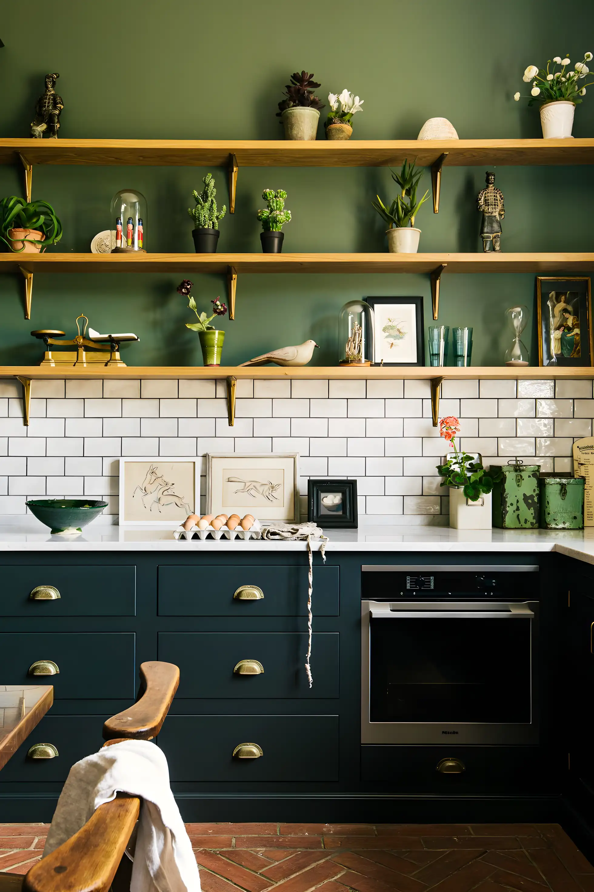 Vintage-Inspired Kitchen with Green Accents and Open Shelving | Material Depot