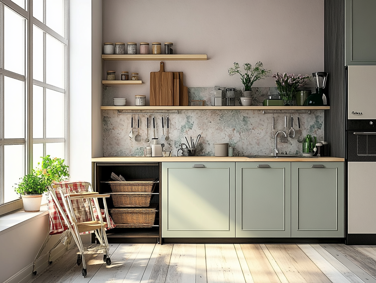 Vintage-Inspired Light-Filled Kitchen with Mint Cabinets and Rustic Shelving | Material Depot