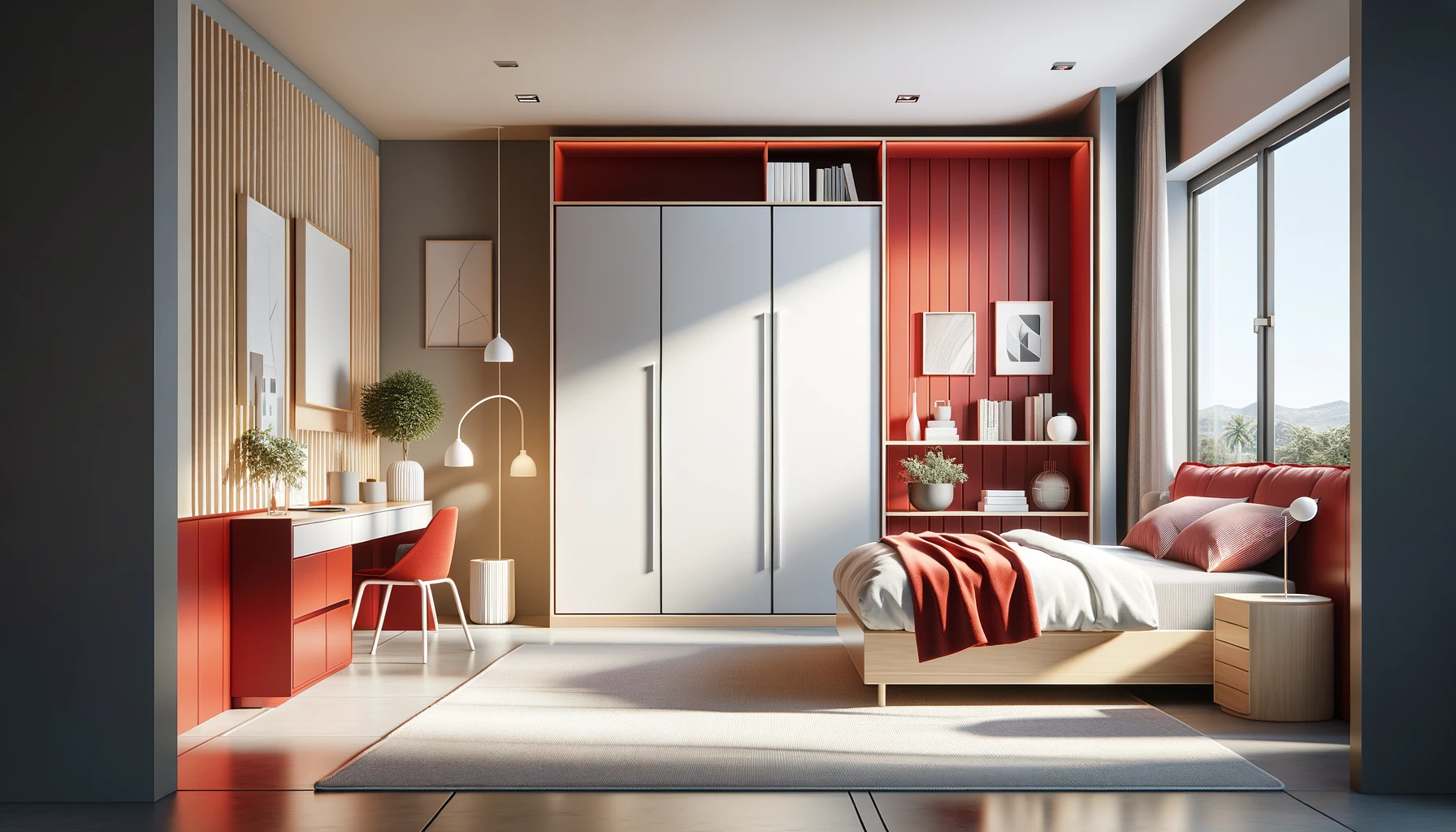 Vivid Crimson Accents Add Bold Contrast to Modern Bedroom | Material Depot