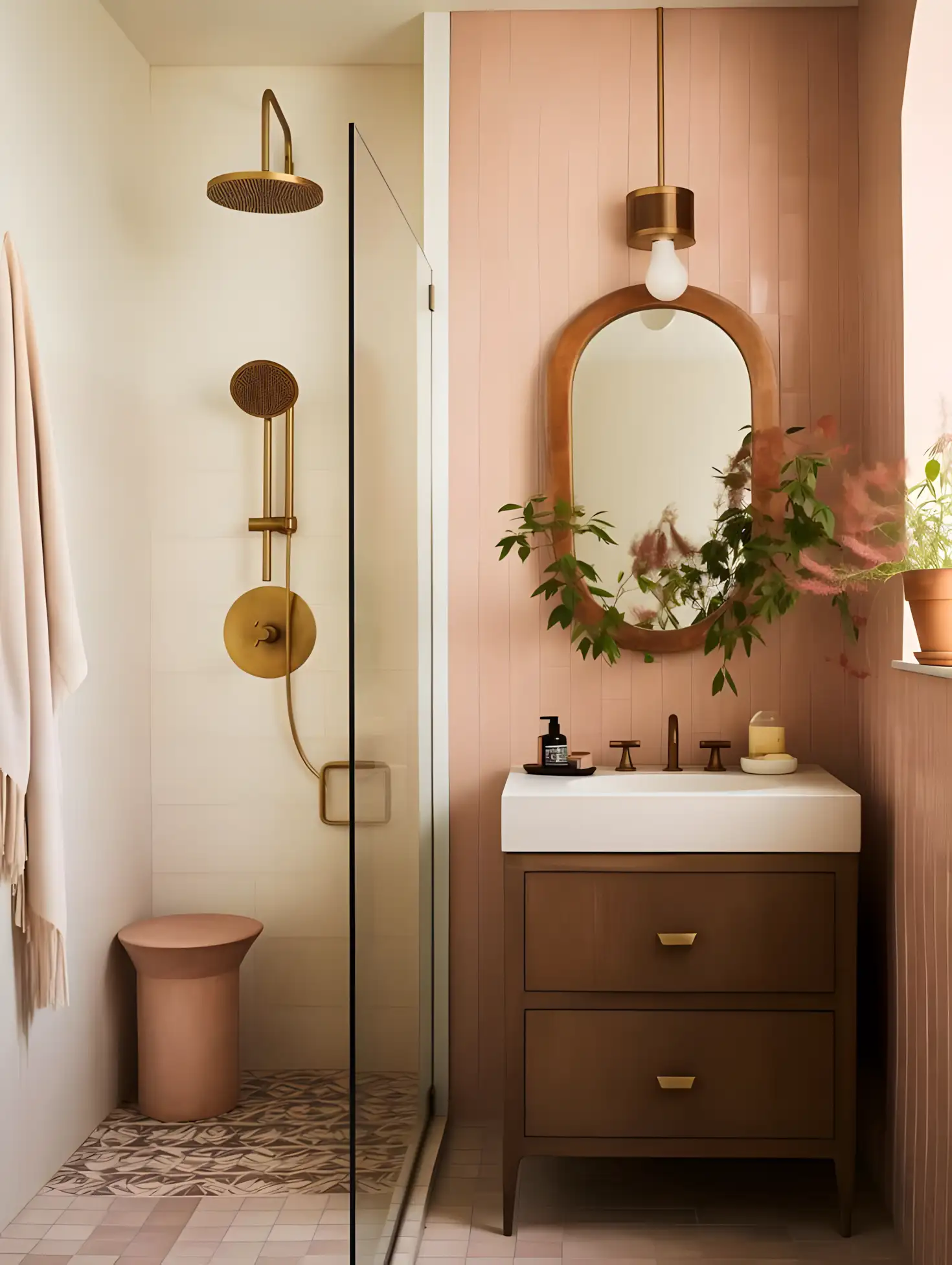 Warm and Elegant Bathroom with Pink Tiles and Brass Accents | Material Depot