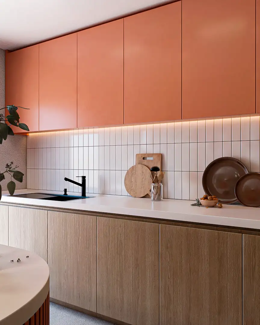 Warm Terracotta Kitchen with Minimalist Wooden Cabinetry and Clean Lines | Material Depot