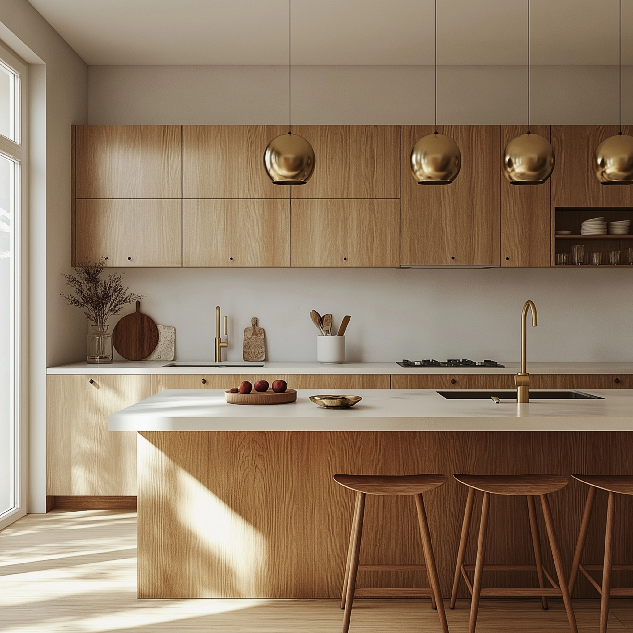 Warm and Inviting Modern Kitchen with Wood Accents and Gold Lighting | Material Depot