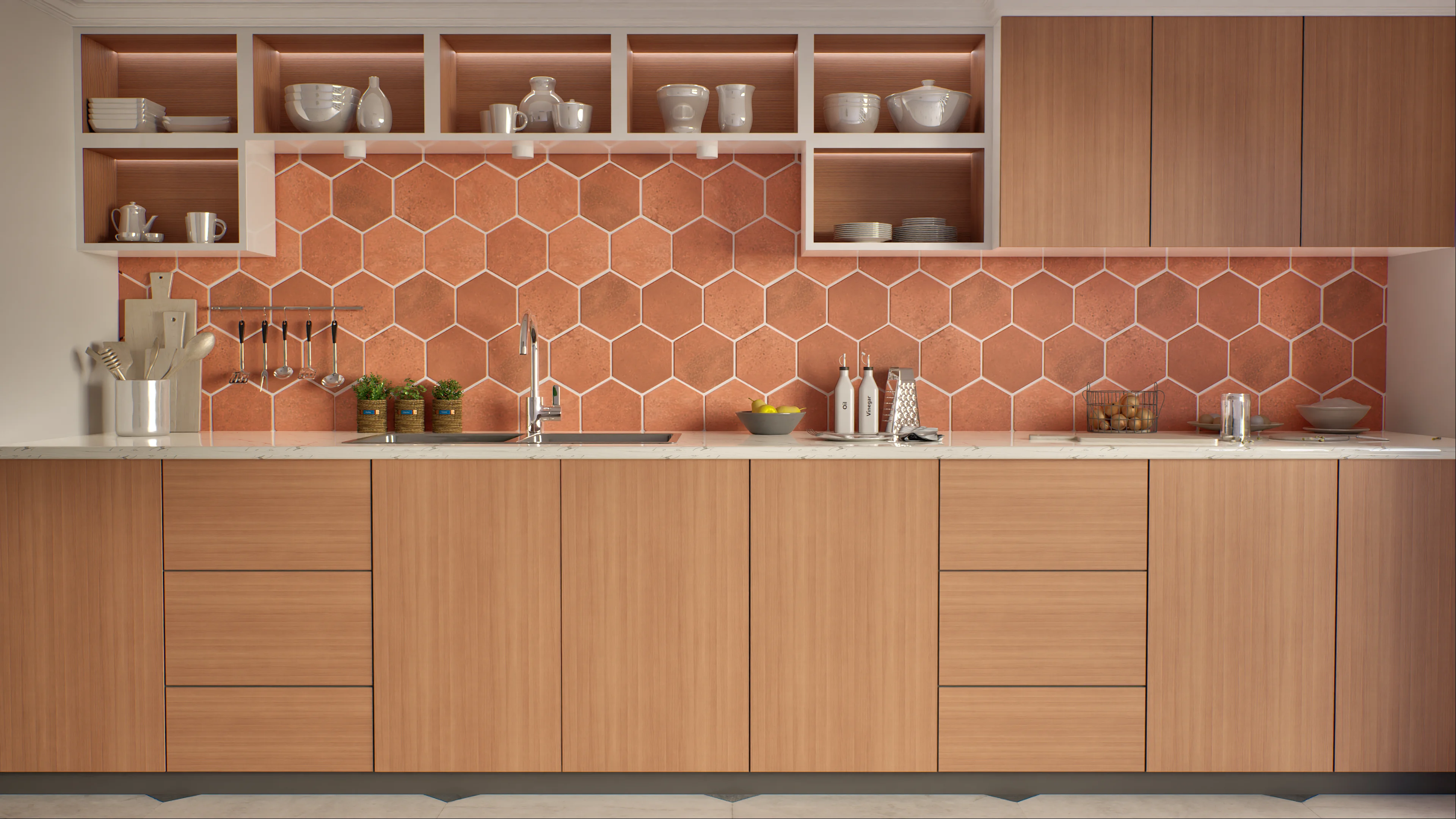 Warm and Modern Kitchen with Orange Hexagonal Backsplash | Material Depot