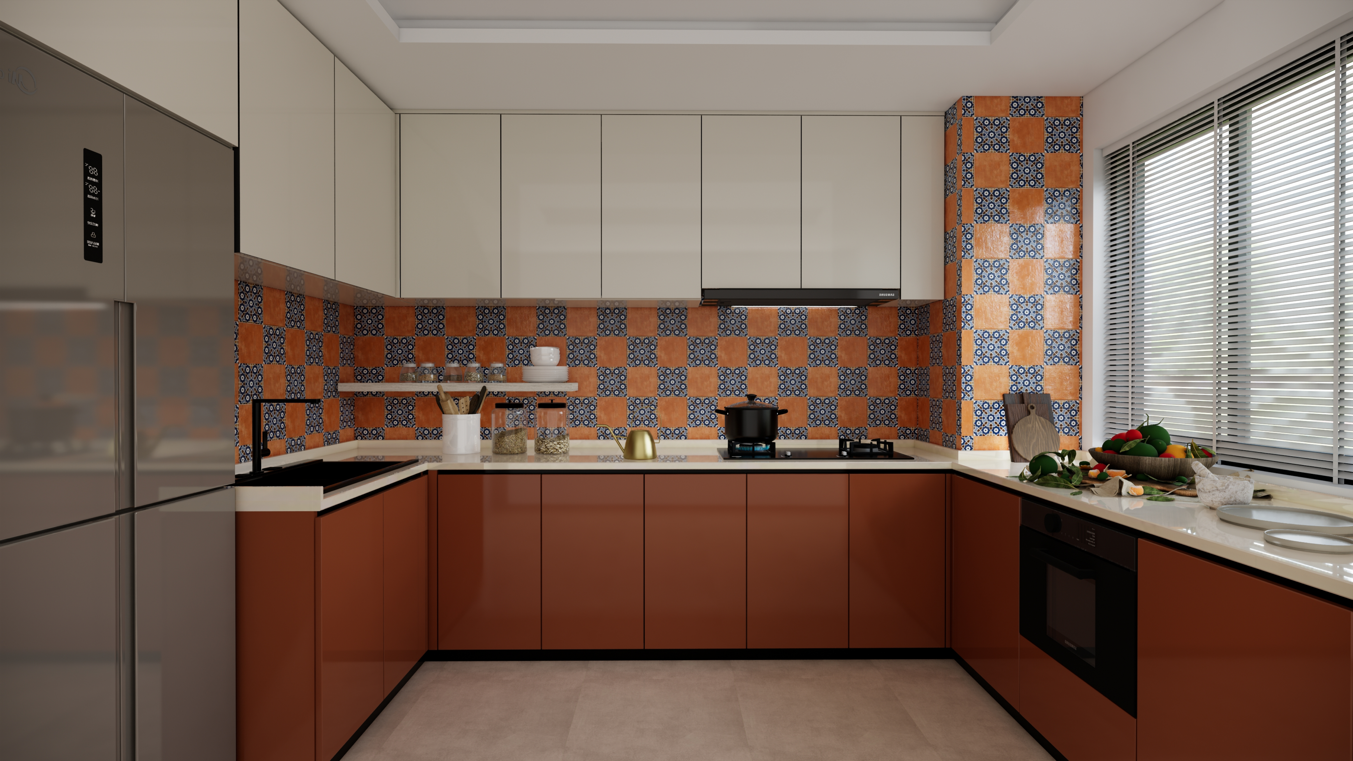 Warm Kitchen with Terracotta Cabinets and Checkerboard Pattern Tiles | Material Depot