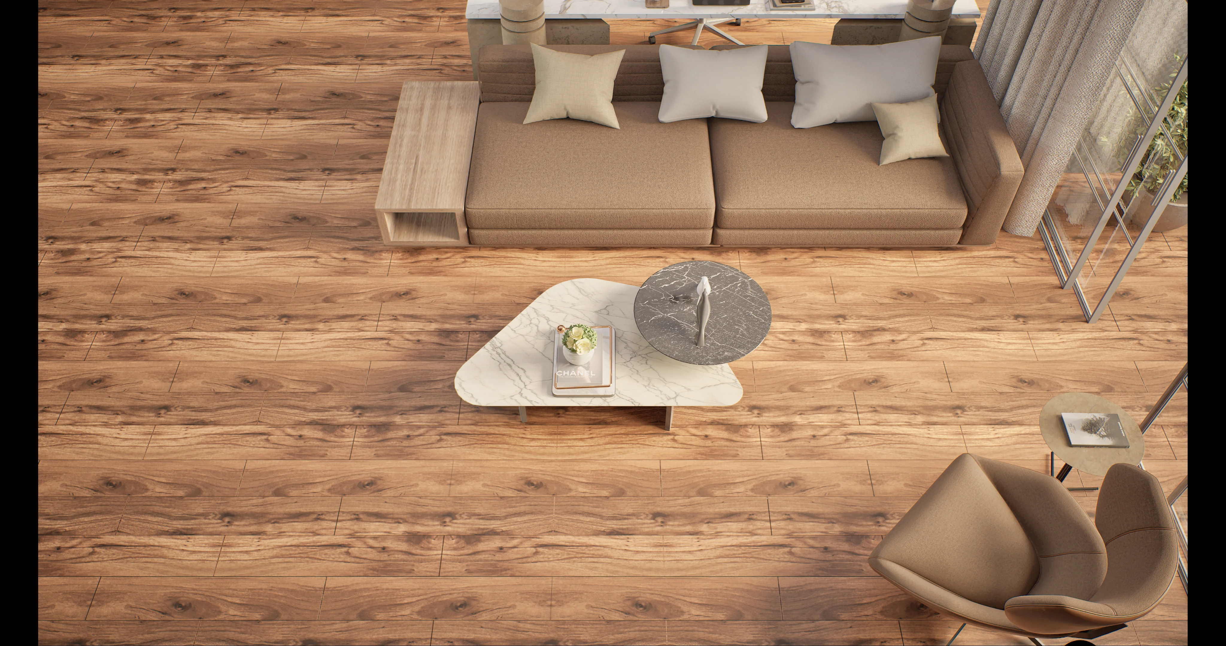 Warm Living Room with Natural Wood Flooring | Material Depot