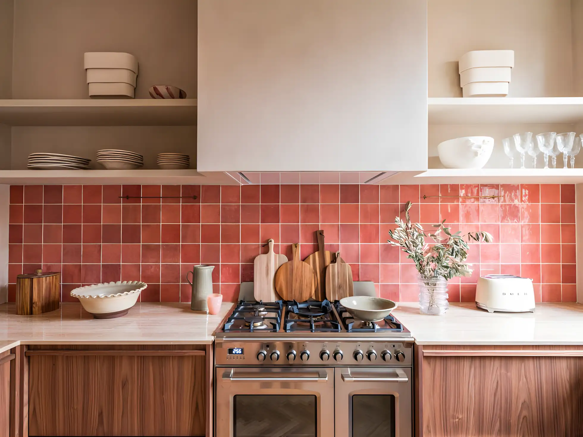 Warm Rustic Kitchen with Red Tile Backsplash | Material Depot