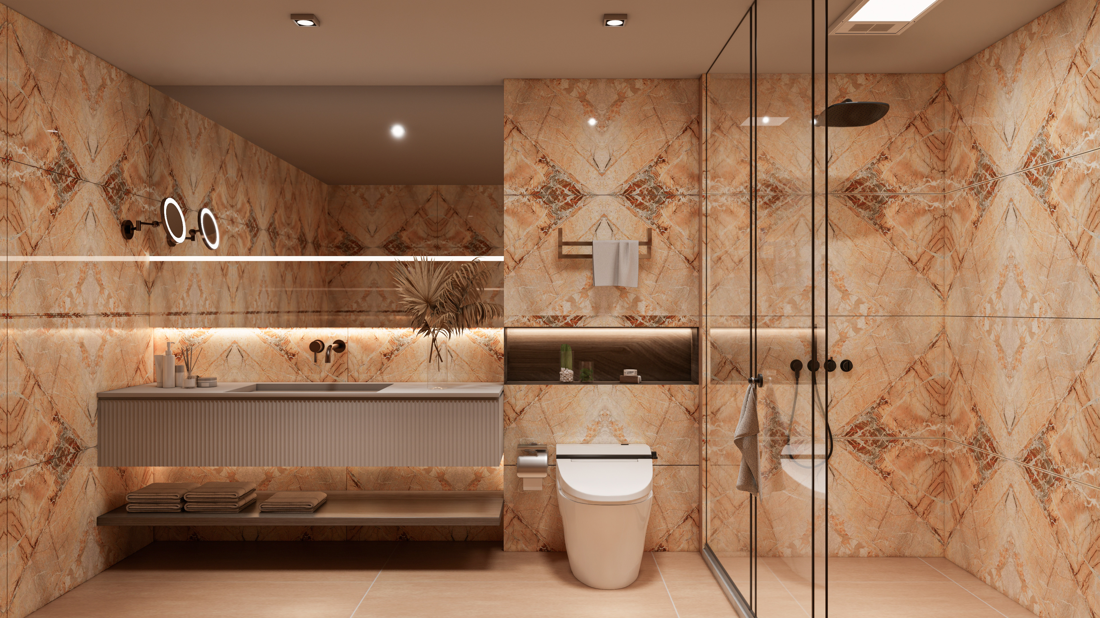 Warm Stone Bathroom with Symmetrical Patterns | Material Depot