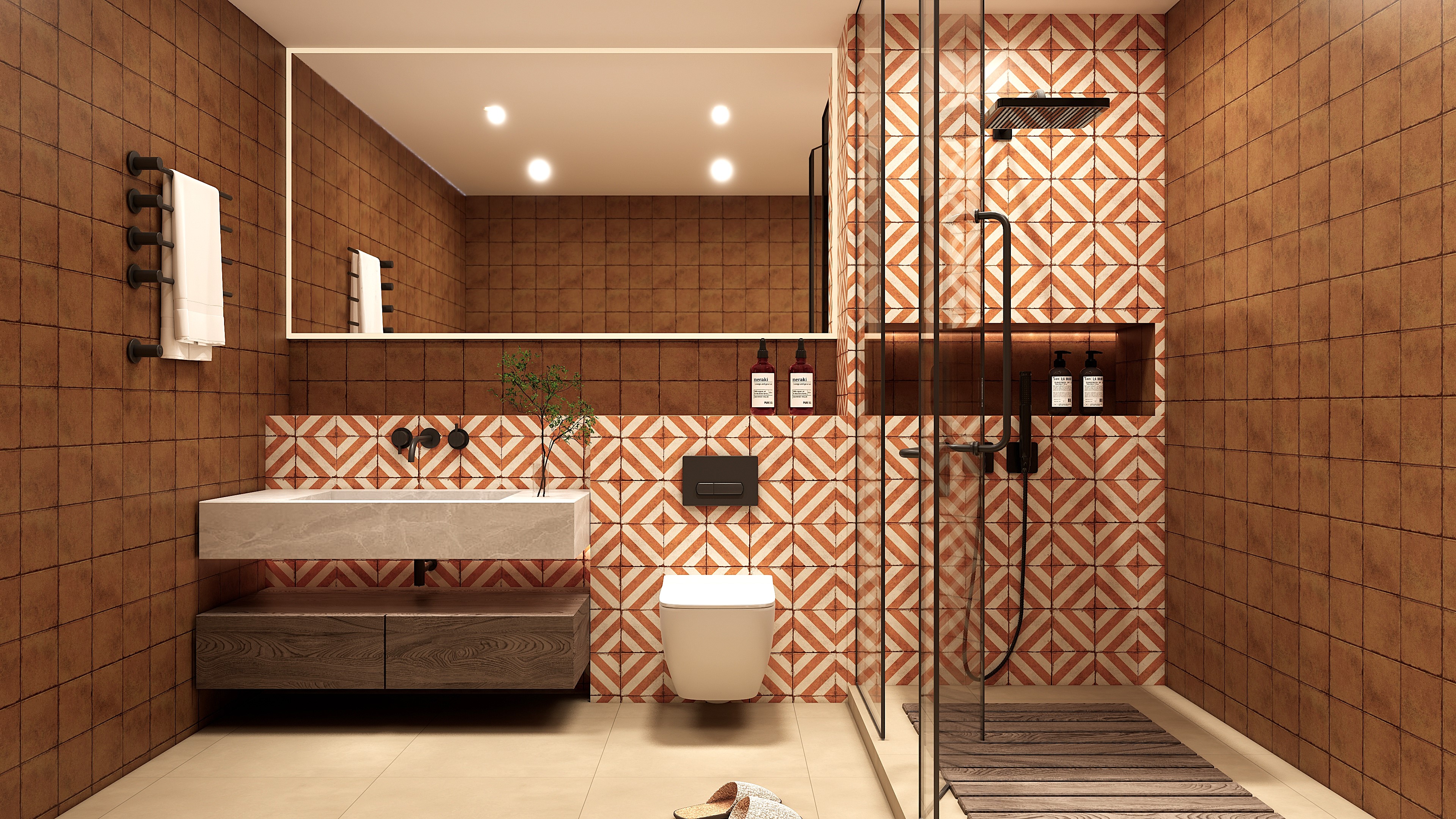 Warm Terracotta Bathroom with Geometric Ceramic Tiles | Material Depot