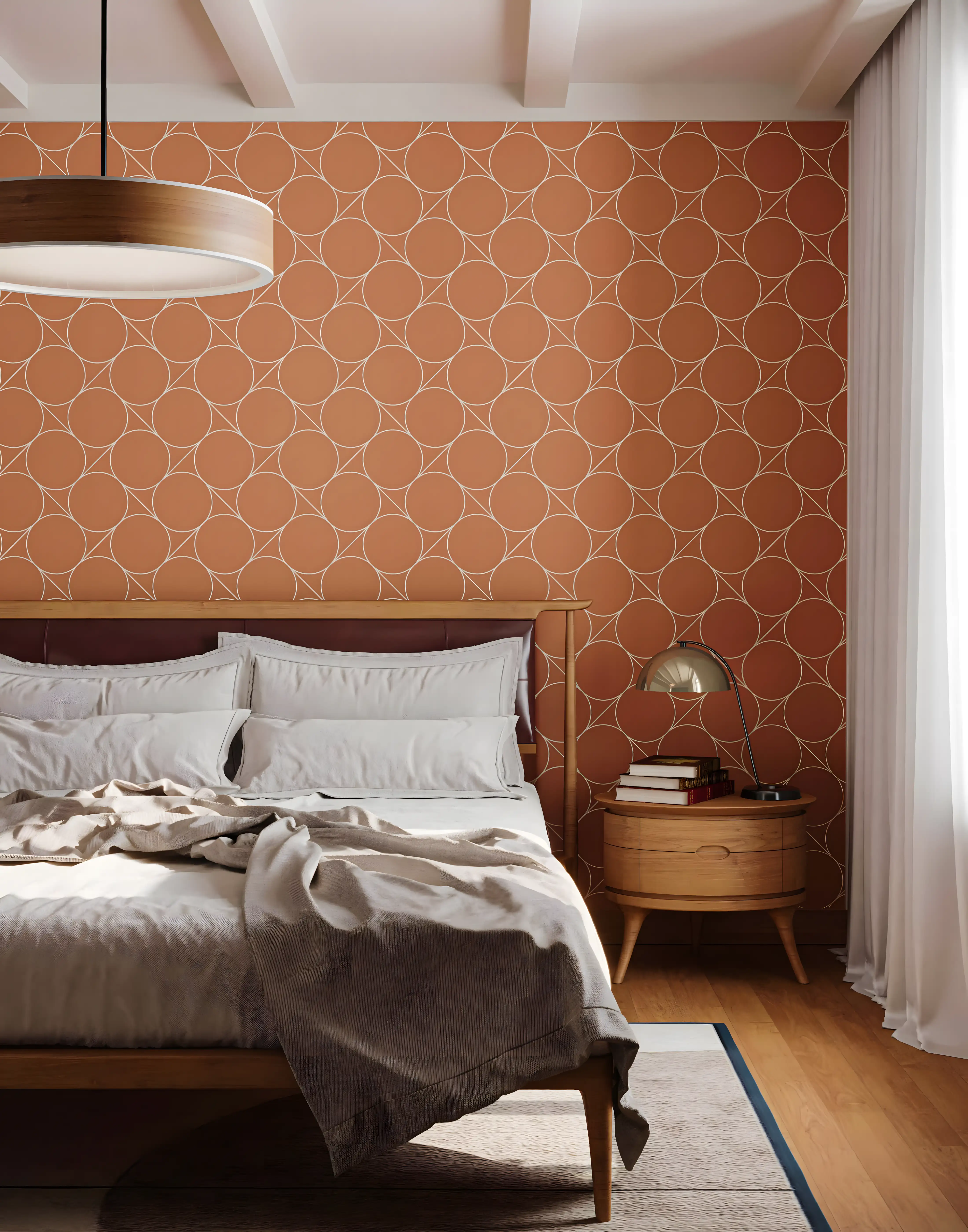 Warm Terracotta Bedroom with Geometric Accent Wall | Material Depot