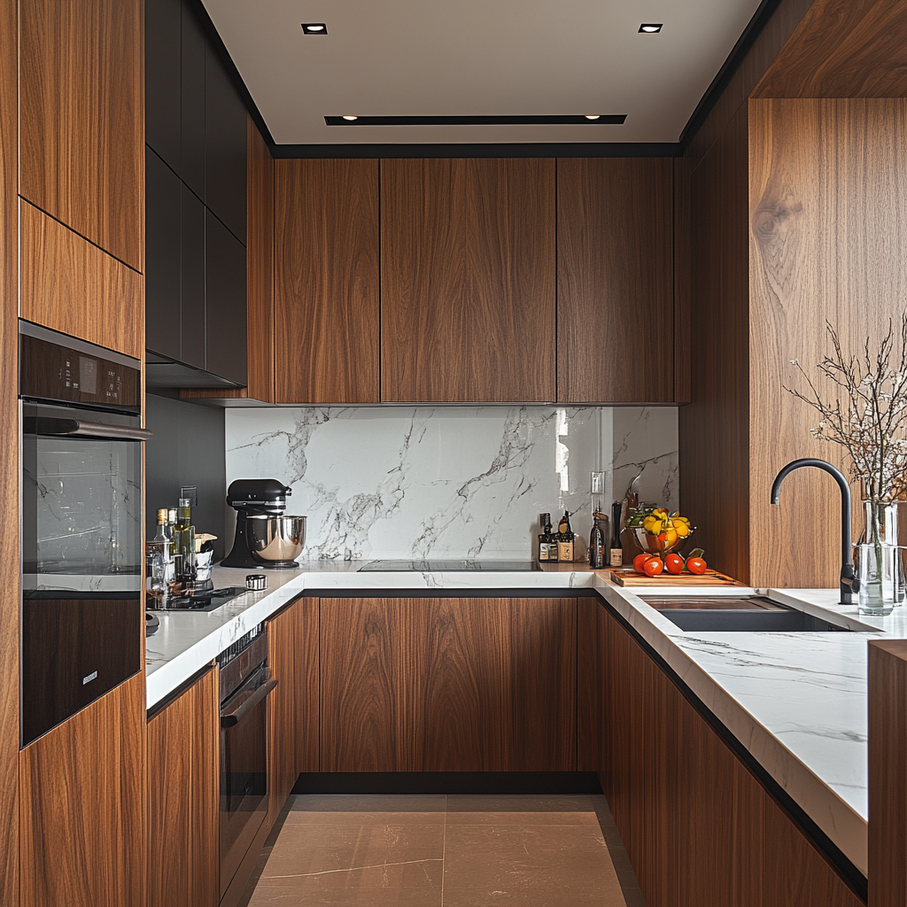 Warm Walnut Retreat: Modern Kitchen with Rich Wood Textures and Ambient Lighting | Material Depot