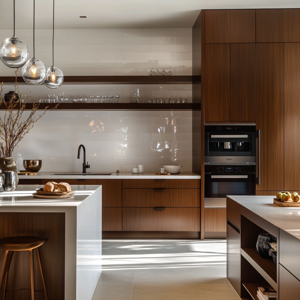 Warm Wood Tone Modern Kitchen with Ambient Lighting and Open Design | Material Depot