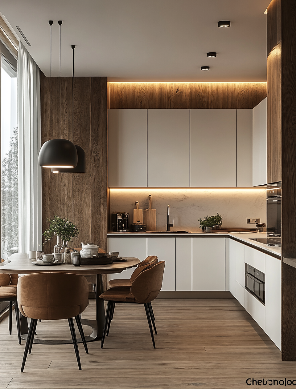 Warm Wooden Tones Kitchen with Integrated White Cabinets and Ambient Lighting | Material Depot