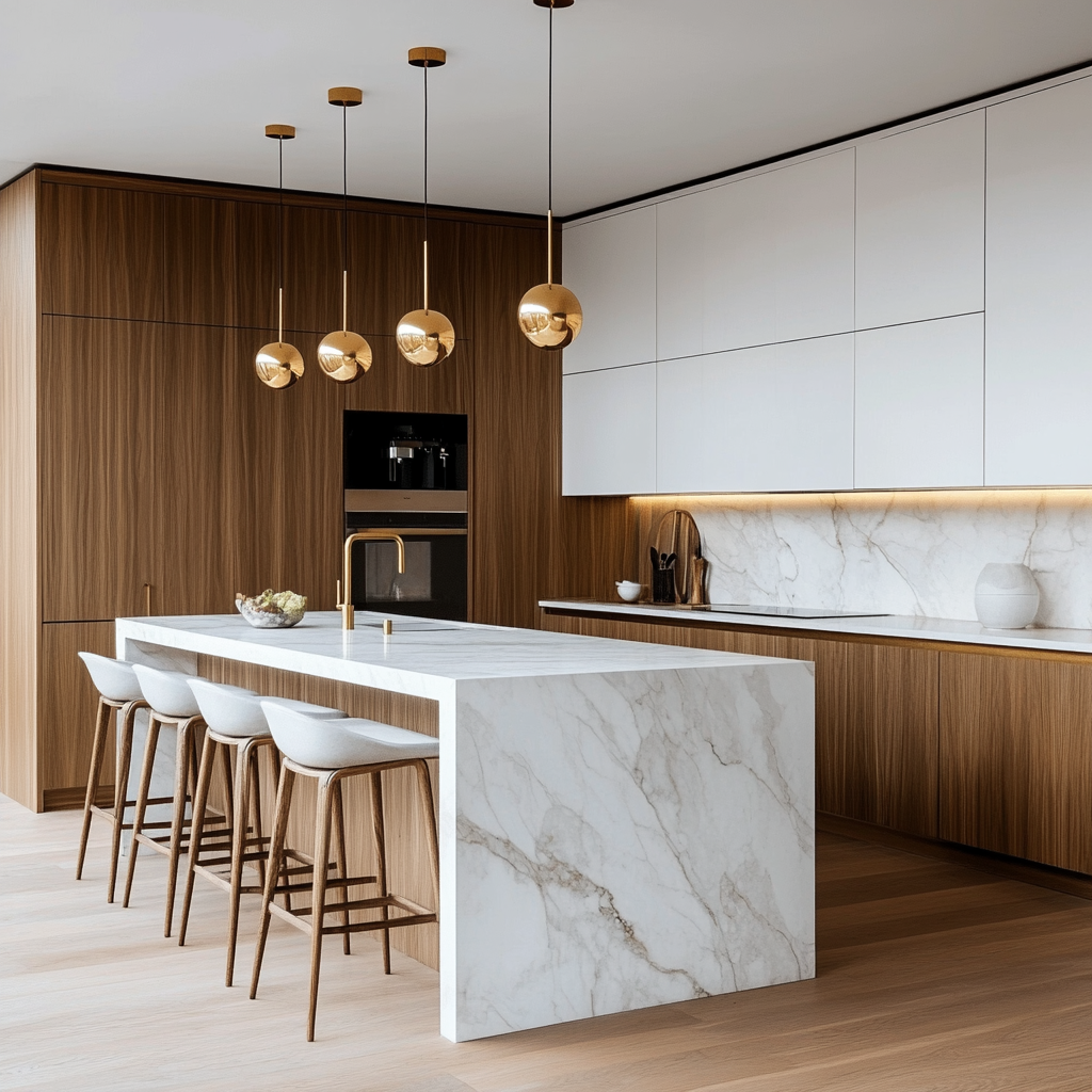 Warmth and Style: Elegant Kitchen Design Blending Warm Wood Tones with White Marble | Material Depot