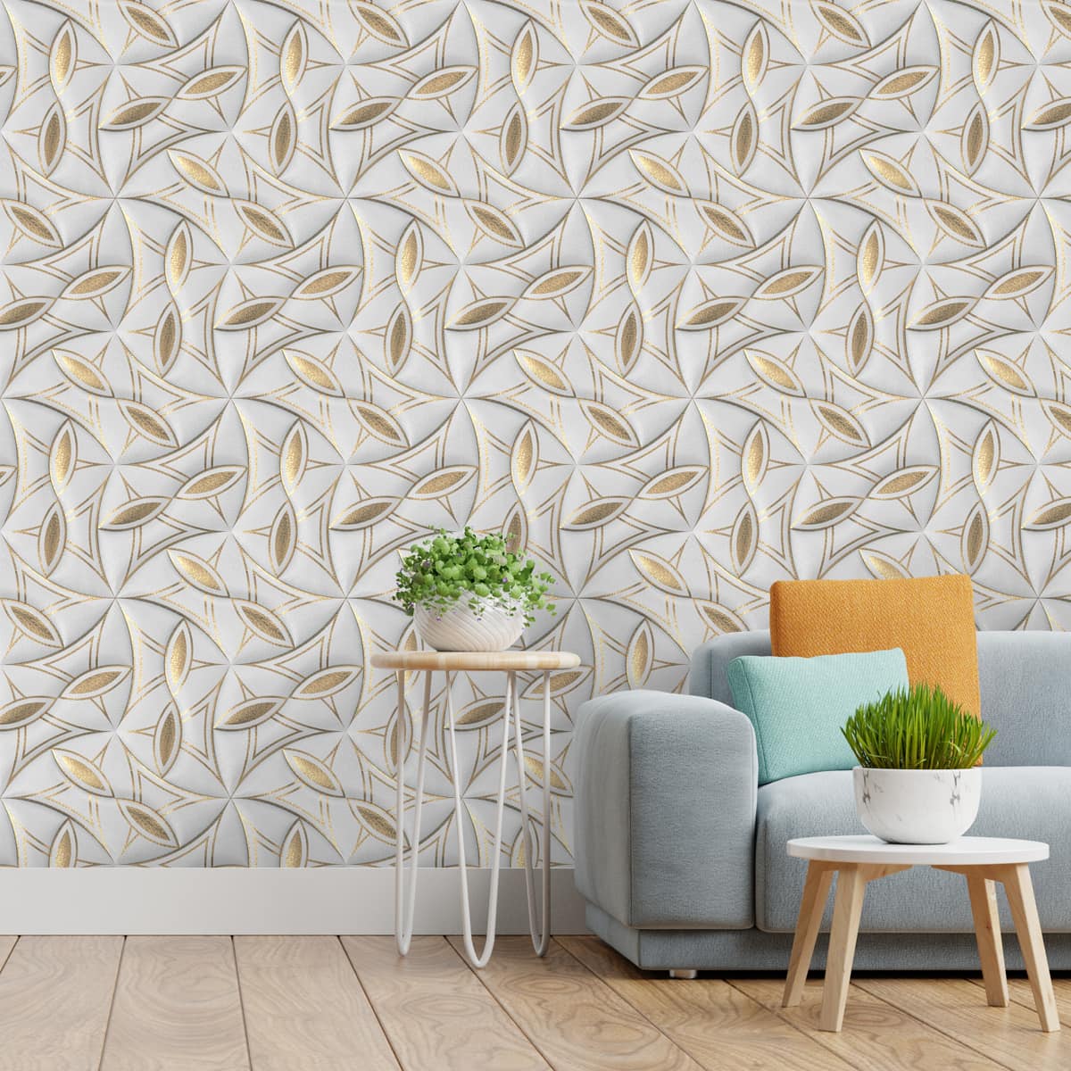 A close-up of a 3D Wallpaper for Walls, White and Golden Leaves 19.6 Inches(W) x 420 Inches(H) Atarangi Series 3D Patterned - 57 Sq. Ft. with a finish available at Material Depot in Bangalore